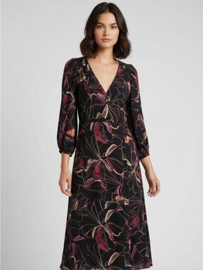 DKNY Black Floral Midi Dress with Pink & Purple Accents